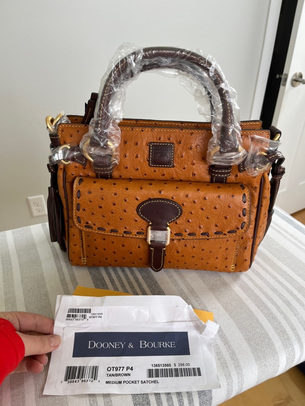 Dooney & Bourke Cognac Brown Ostrich-Embossed Medium Pocket Leather Satchel